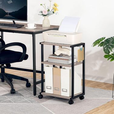 HOOBRO Стіл для принтера з 3 ящиками, регульована висота, на колесах, 42 x 28 x 64 см, для офісу, сканера, копіювального апарату, принтера
