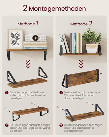 Настінна полиця VASAGLE, 6 шт. у наборі, полиці для стін, 30/35/40 см, для вітальні, кухні, кабінету, ванної кімнати, вінтажний коричневий + матовий чорний, LWS033K02