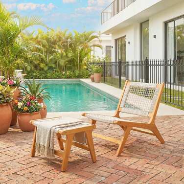 Садовий комплект з кріслом та пуфом (2 предмети), акація FSC, вуличне крісло для відпочинку з ротанговим сидінням, стиль бохо, регульовані ніжки