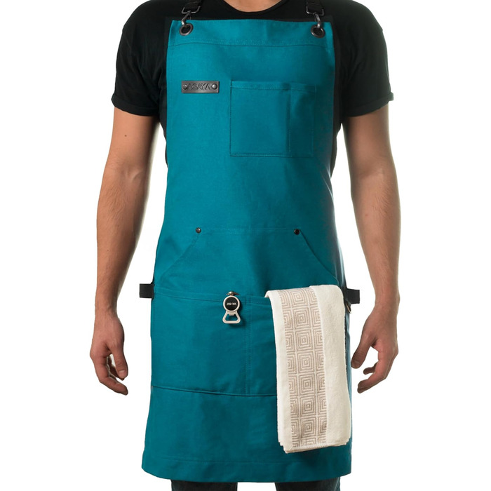 Фартух кухонний Asaya для жінок та чоловіків з рушником та відкривачем для пляшок – 284 мл, канва (синій / зелений)