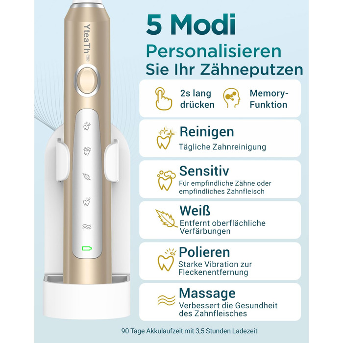 Електрична зубна щітка для дорослих і дітей - звукова, 8 насадок (3 типи), 90 днів роботи, 5 режимів, 50000VPM, кейс для подорожей, таймер (Золота)