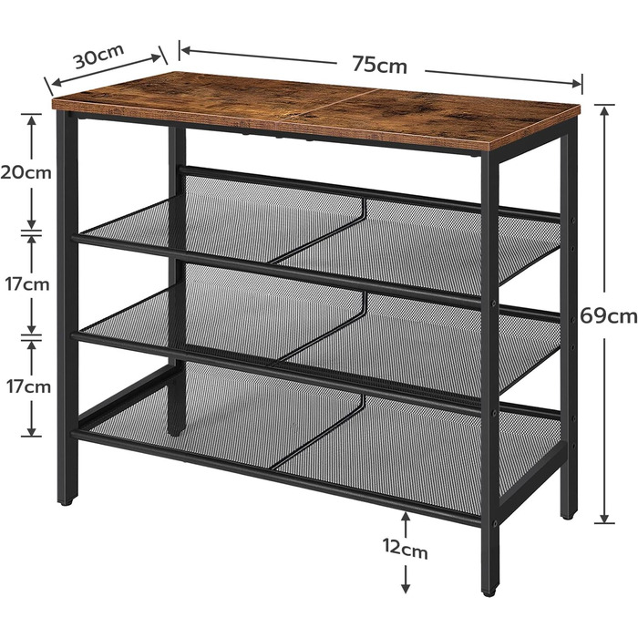 Полиця для взуття HOOBRO, 4 полиці для взуття, тумба для взуття, регульована полиця з металевої сітки, просторий верх, на 12-15 пар взуття, передпокій, коридор, промисловий, вінтажний коричнево-чорний EBF42XJ01 темно-коричневий чорний 75 х 30 х 69 см