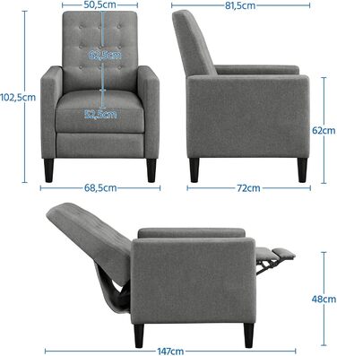 Крісло-релакс Yaheetech для телевізора, регульоване, сіре, з тканини льон