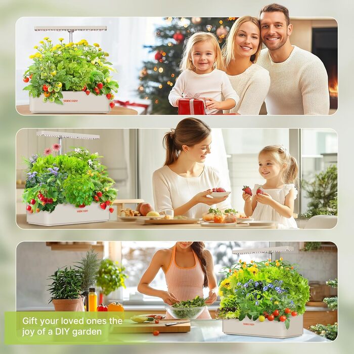 SUNCOZE Гідропонна система вирощування, набір для вирощування трав в приміщенні з LED-освітленням, розумний сад 12 касет, 4л резервуар для води, регульована висота, тиха інтелектуальна помпа, для дому, кухні (Бежевий)