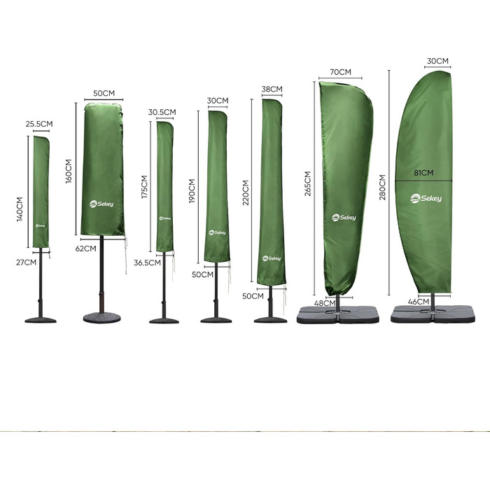 Захисний чохол Sekey для парасольки 300 см | З монтажним стрижнем та блискавкою (175×30,5/36,5 см) – Водонепроникний, UV 50+ (175 см x 30,5/36,5 см, М'ятний)