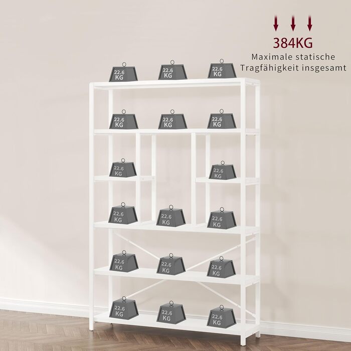 Стильна полиця-стелаж LVB з 6 полицями для вітальні, спальні, офісу. Дерево та метал, білий колір, 30 x 120 x 180 см