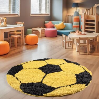 Шеггі Дитячий килим Круглий футбольний дизайнерський килим Дитячий килим для хлопчика Він Килим і білий ігровий килимок для хлопчика та дівчинки Екстра м'який (120 см круглий, жовтий)