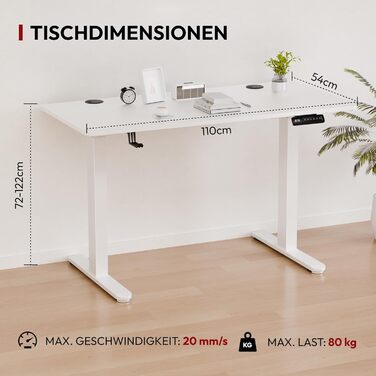 Регульований стіл Sanodesk з бездротовою зарядкою та подвійним мотором, компактний 110x54 см. Стабільний електричний стіл для стояння та сидіння (110 x 54 см, білий)