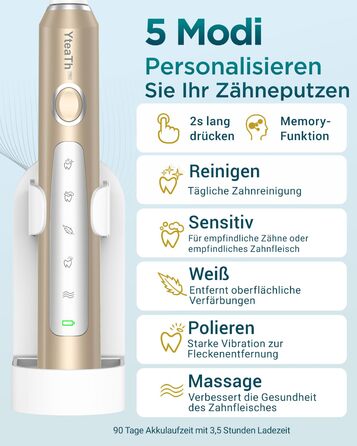 Електрична зубна щітка для дорослих і дітей - звукова, 8 насадок (3 типи), 90 днів роботи, 5 режимів, 50000VPM, кейс для подорожей, таймер (Золота)