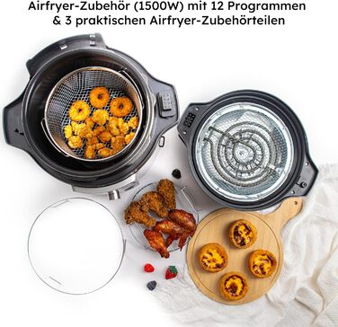 Мультиварка Saaf з Airfryer – 15-ти частинний набір, 24 програми – мультиварка, рисоварка, пароварка, сковорода-каструля – 6л – з корзиною, каструлею та кулінарною книгою – цифровий дисплей