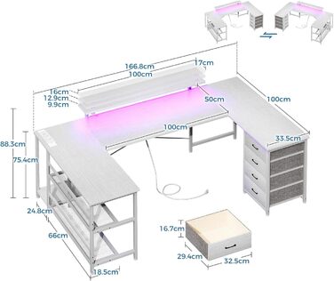 З 4 шухлядами, кутовий письмовий стіл з розетками та USB, ігровий LED та монітор, 167102 см, білий