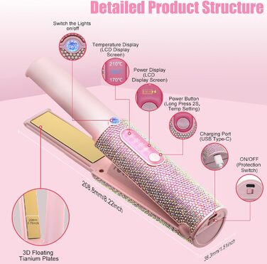 Бездротовий випрямляч для волосся Mini Glätteisen Titan з акумулятором 5000mAh, рожевий: 2-в-1 для випрямлення та завивки, портативний міні-випрямляч для подорожей з швидким нагрівом до 210°C