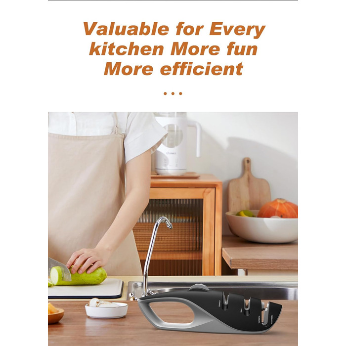 Професійний ручний точило для ножів з 5 кутами, дизайн UK, 3-ступеневе точіння роликами, для кухонних, хвилястих, хлібних, кишенькових та мисливських ножів, ножиць, чорний колір, 26 см