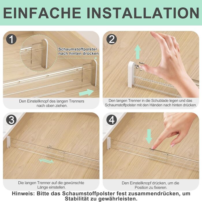 FUNIZE Регульовані роздільники для ящиків з вставками, 8 шт., роздільники 32-58 см + 16 шт. вставок 9-18 см, Органайзер для ящиків, Кухня, Спальня, Офіс, 6 см висота