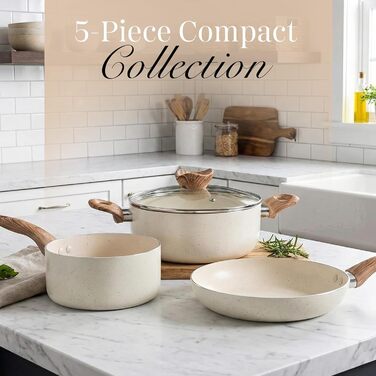 Набір каструль та сковорідок з антипригарним покриттям Nuovva - 8 шт. з кришками, кремовий граніт, для індукційних плит