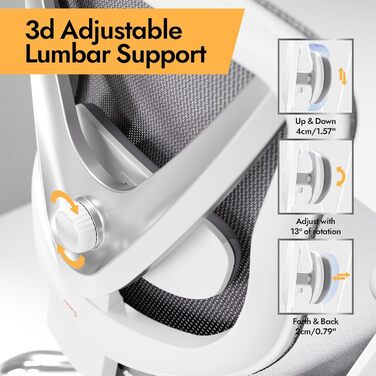 Ергономічне крісло для офісу та дому з 3D поперековою підтримкою та регульованими підлокітниками, біле