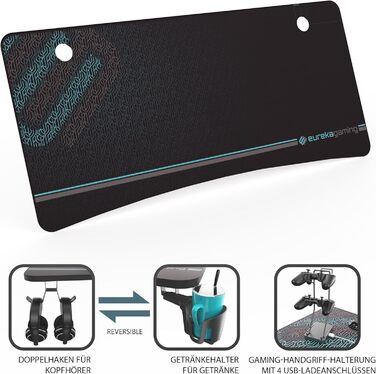 Ігровий стіл EUREKA ERGONOMIC 152x70 см - великий комп'ютерний стіл для геймерів з підставкою для навушників та тримачем для напоїв, чорний
