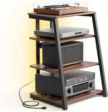 Стійка FITUEYES HiFi з дерева, поворотний столик зі світлодіодами та розетками, регульовані полиці
