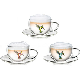 Термальна чашка Creano 'Hummi для чаю / латте маккіато, з подвійними стінками з малюнком колібрі / 250 мл в ексклюзивній подарунковій упаковці, (набір з 3 шт. )