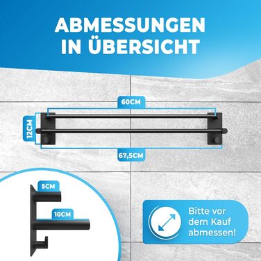 Тримач для рушників без свердління – нержавіюча сталь – подвійний тримач для рушників у ванну кімнату, самоклеючий – рушнична перекладина, тримач для рушників з 2 гачками – для ванної кімнати, душової кабіни, кухні (60 см, Чорний)
