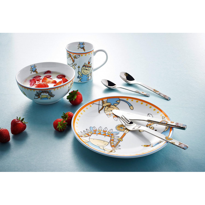 Дитячий посудовий набір Puresigns MOEMA 7-piece – Яскравий дизайн у стилі Дикого Заходу з вождем 'Мирна Корова' – Якісний нержавіючий сталь та порцеляна – Ідеально для днів народжень та особливих подій