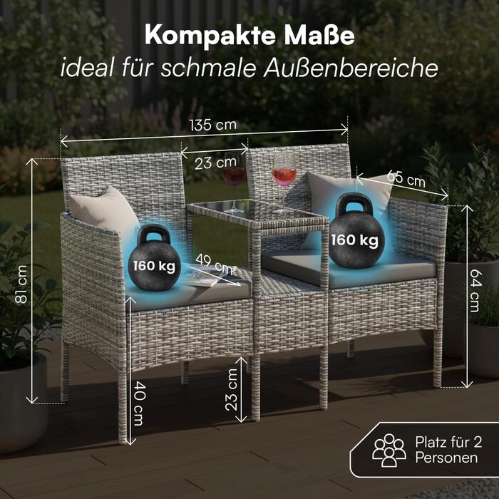 Садова лавка STEELSØN Velara з інтегрованим столиком - ротангова лавка для 2 осіб з подушками, вуличні меблі, стійкі до погодних умов, для тераси та балкона (сіро-меланжевий)