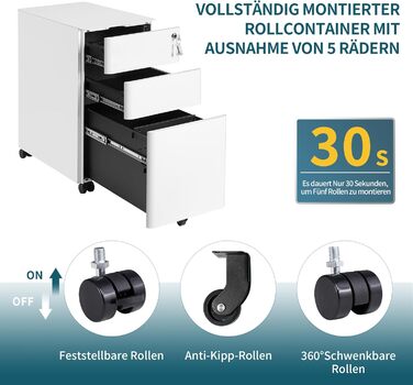 Металевий ролштатний шафа LVSTEEL з 3 висувними ящиками, замок, 4 ключі, білий (59.3 x 30 x 17.8 см)