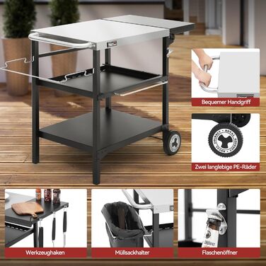 Набір для гриля Royal Gourmet: стіл-візок з 3 ярусами, стільниця з нержавіючої сталі 70x50 см та бічна полиця 30x50 см, для дачі та саду