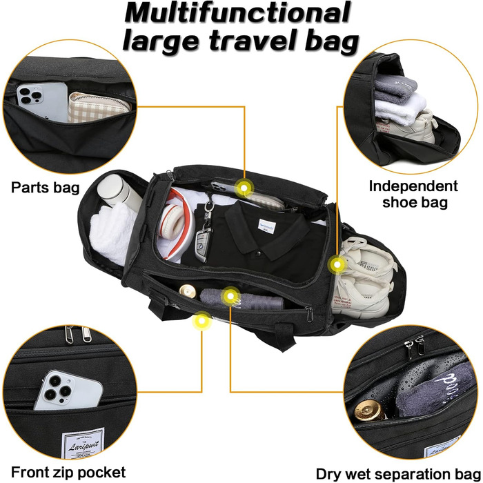 Дорожня сумка Laripwit 40 л з відділенням для взуття та мокрого одягу, речовий мішок вихідного дня для чоловіків і жінок, чорна
