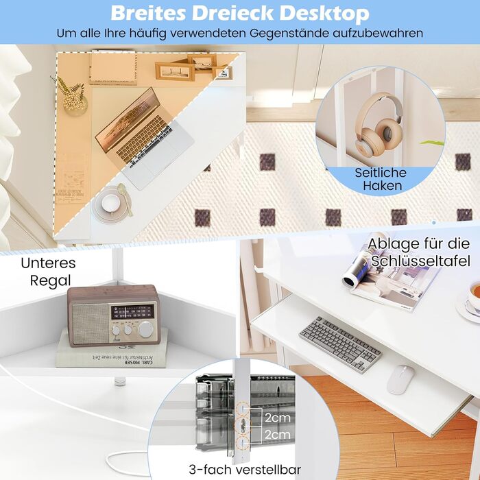 COSTWAY кутовий стіл з зарядкою, трикутний кутовий стіл з LED, підставка для клавіатури та підставка для монітора, ігровий стіл економія простору, кутовий стіл для дому, офісу (білий)