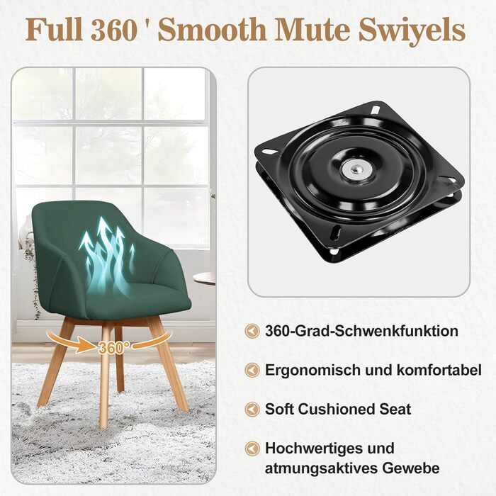 Обідні стільці Bekrvio 2 шт. з обертанням та підлокітниками – 360° стільці для обідньої кімнати, стільці до обіднього столу з тканини льон, дерев'яні ніжки з масиву бука, м'які жовті стільці для обідньої кімнати (2 шт., зелений льон)