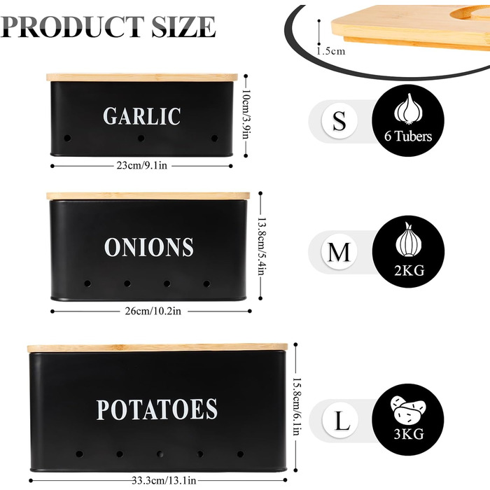 Набір контейнерів для зберігання картоплі, цибулі та часнику [3 шт] з бамбуковим кришками | З вентиляцією та захистом від світла | Чорний
