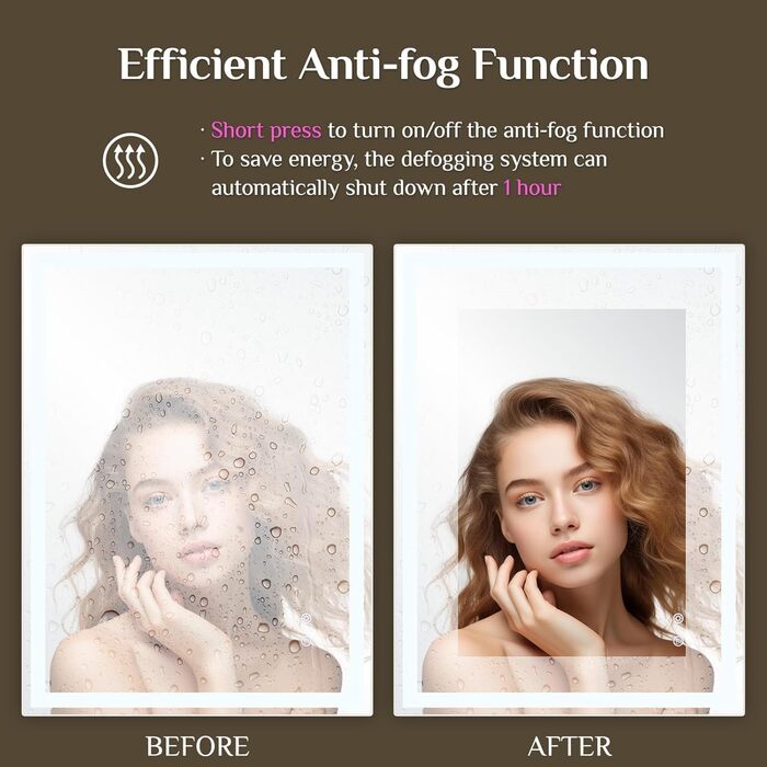 Дзеркало для ванної кімнати Clevich з підсвічуванням 80x60 см, LED, 3 кольори світла, регулювання яскравості, захист від вибуху, сенсорне управління, функція пам'яті, антизапар, 80L x 60B см