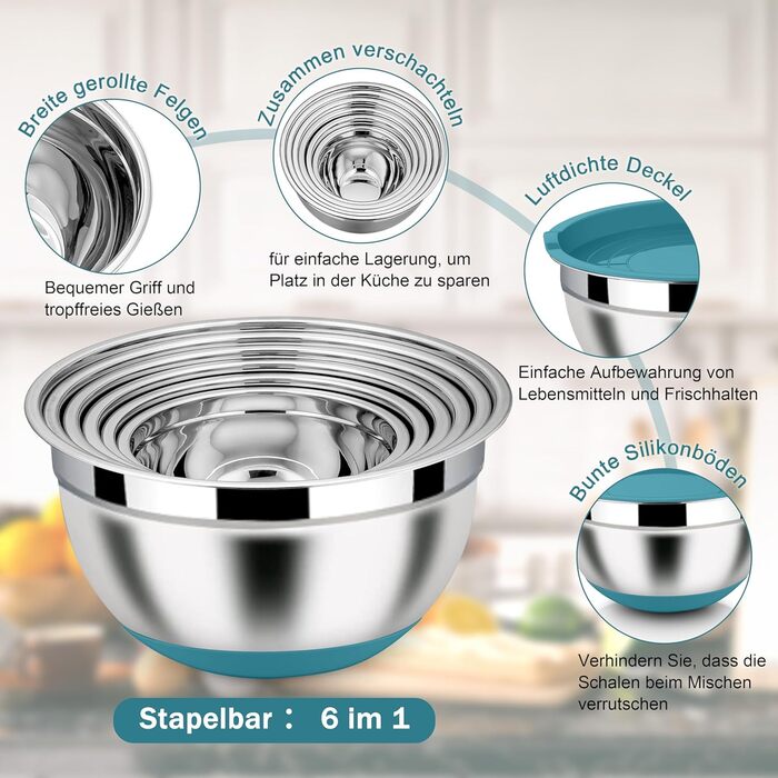 Набір місок Homikit з нержавіючої сталі, 6 шт. з тертками, кришками та силіконовим дном, 4.6L/2.8L/2.5L/1.6L/1.2L/0.7L, блакитний