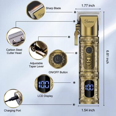 Професійна машинка для стрижки волосся Hatteker для чоловіків, акумуляторна, LED дисплей (золото)