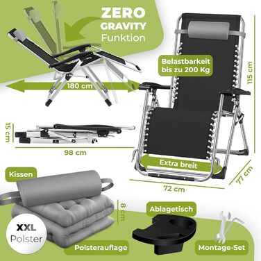 Шезлонг KESSER® для саду, розкладний, вологостійкий, 200 кг, з подушкою, регульована спинка, підголовник та тримач для напоїв, сірий