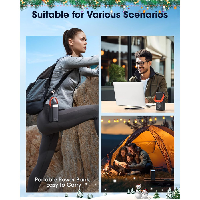 Power Bank 60000mAh 65W з 3 виходами USB-C: портативний зарядний акумулятор для ноутбука, смартфона, планшета (чорний)