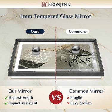 Дзеркало для ванної кімнати Keonjinn з підсвічуванням, металевий каркас 50x70 см, антизапар, LED, сенсорне керування, 3 кольори світла, диммування, пам'ять, настінне дзеркало (Чорний, 60 x 100 см)