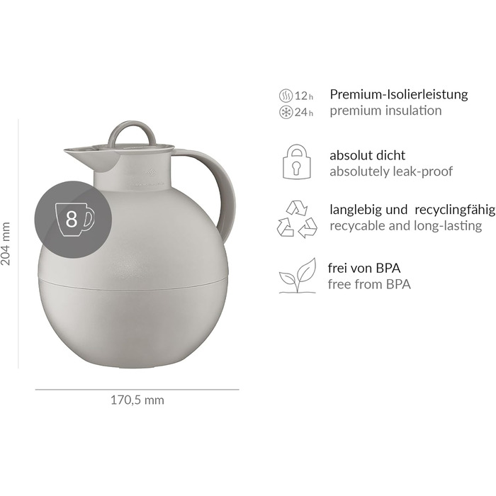 Термос Alfi Kugel 0.94л, Desert Grey Mat - дизайнерський термос з нержавіючої сталі, BPA-free