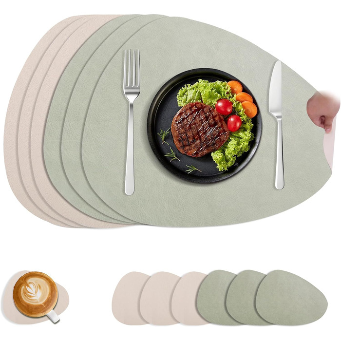 Набори підтарілок YIHELU: 6 шт., овал, зелено-кремовий, з екошкіри, миючіся, неслизькі, для кухні та їдальні
