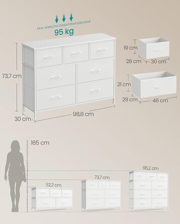 SONGMICS Комод зі 7 висувними ящиками, шафа для зберігання, сталь, MDF, флізелін, для спальні, прихожей, вітальні, білий (LGS323WH01)