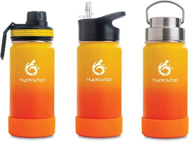 Пляшка для пиття hydro2go з нержавіючої сталі об'ємом 350 мл / 0,35 літра-для дітей, школи, спорту, фітнесу та активного відпочинку Термос пляшка з нержавіючої сталі без BPA 3 Кришки для пиття (Sun)