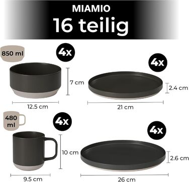 Набір посуду Miamio Sierra 16 предметів (тарілки, миски) – бежевий, для 4 осіб, з каменю, сумісний з мийкою та мікрохвильовкою
