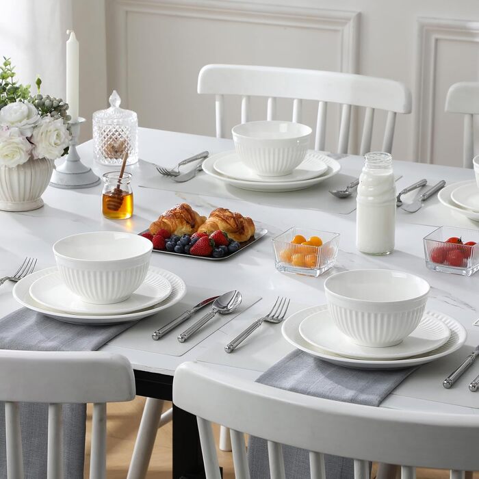 MALACASA Комплект посуду на 6 осіб, 18-ти частинний сервіз з порцеляни, рельєфний, скандинавський набір тарілок та мисок, білий, серія LEILA Білий