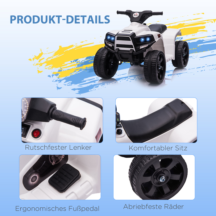 HOMCOM Mini Electric Quad Kids Електричний квадроцикл Коляска Електричний мотоцикл з 2 фарами Електричний квадроцикл Пляжний автомобіль Форма PP Сталь Чорний+Білий