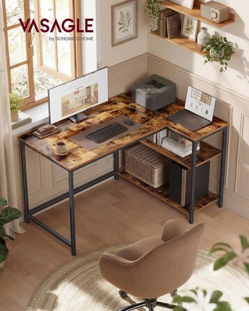 Кутовий стіл VASAGLE L-подібної форми з полицею, для офісу та дому, 110 x 80 см, vintage brown