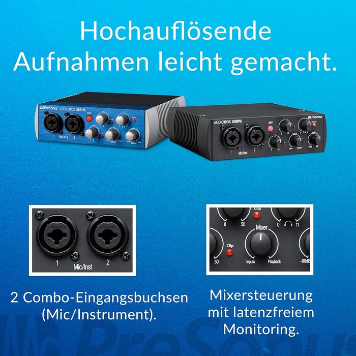 PreSonus AudioBox 96: USB аудіоінтерфейс для запису, стрімінгу, подкастингу + Studio One Artist, Ableton Live Lite (Чорний)