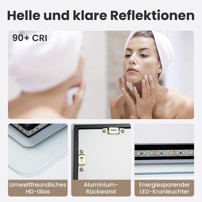 LED дзеркало для ванної кімнати з підсвічуванням 70x50 см, холодне біле світло 6000K, енергозберігаюче