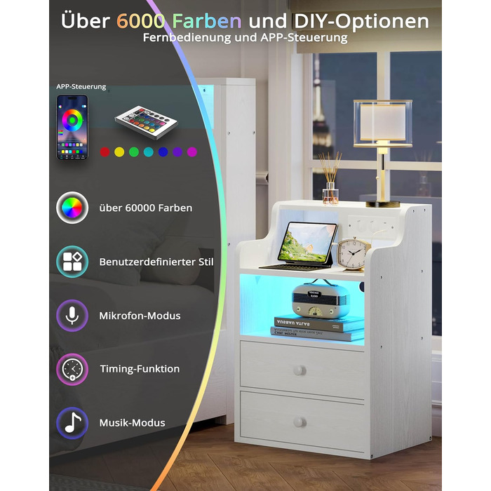 Нічний столик IRONCK з LED-підсвіткою, розеткою та функцією зарядки, з ящиками, білий.