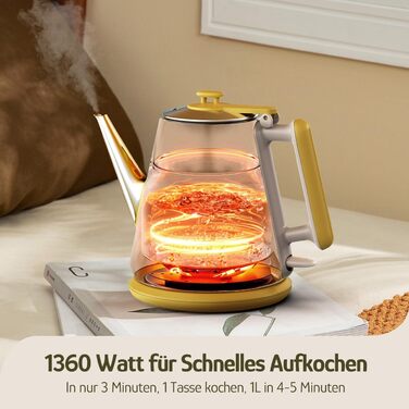 Електричний чайник Hazel Quinn, 1 л, ретро-дизайн, з нержавіючої сталі 304, 1360W, білий перламутровий (жовтий з квітковим візерунком), BPA-free, автоматичне вимкнення